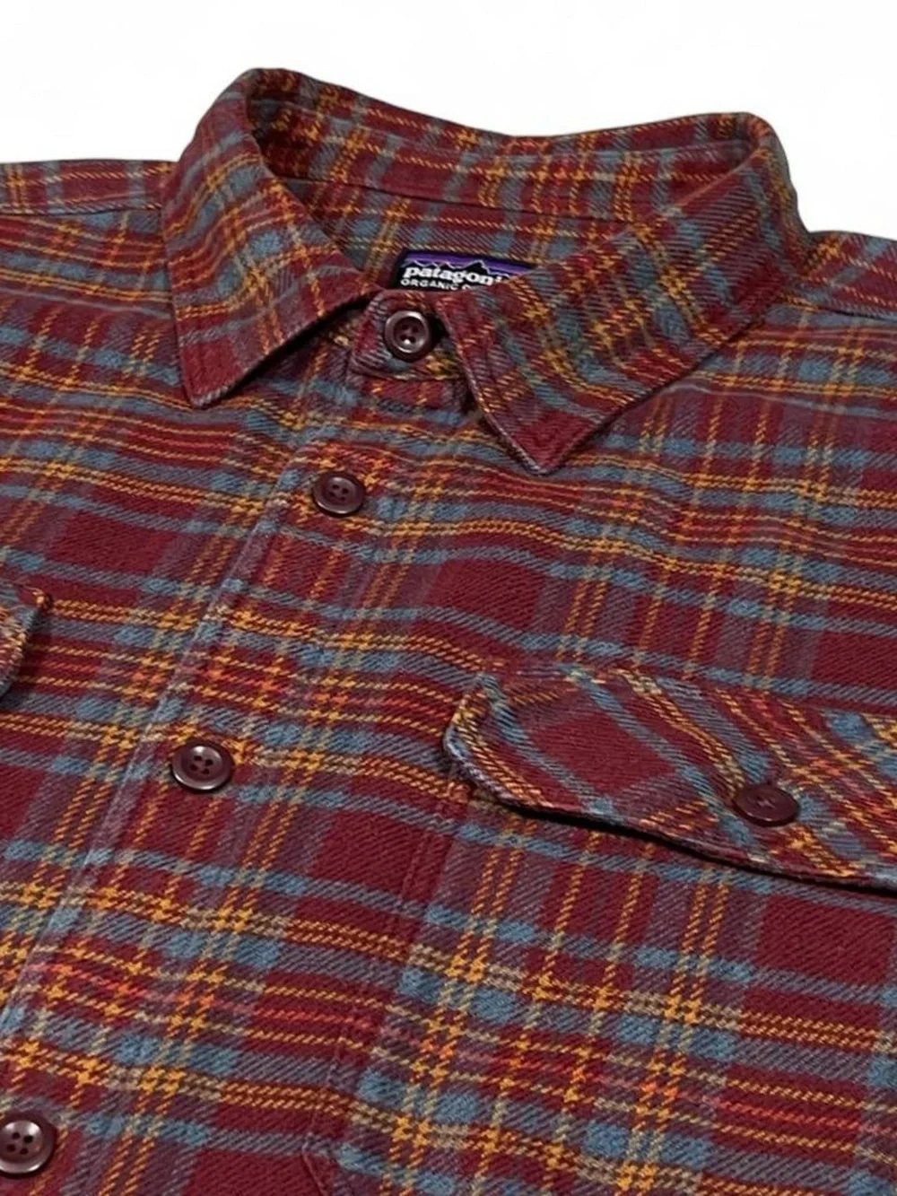 Patagonia Organic Cotton Fjord Flannel Shirt Burgundy Plaid Men's Size Large
